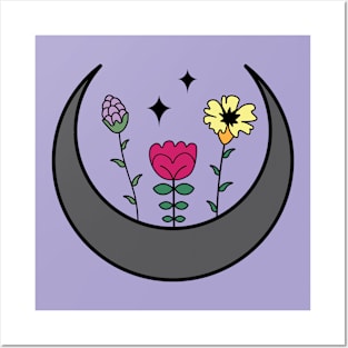 Witchy Celestial Moon Floral Art, Magic Moon Flowers Posters and Art